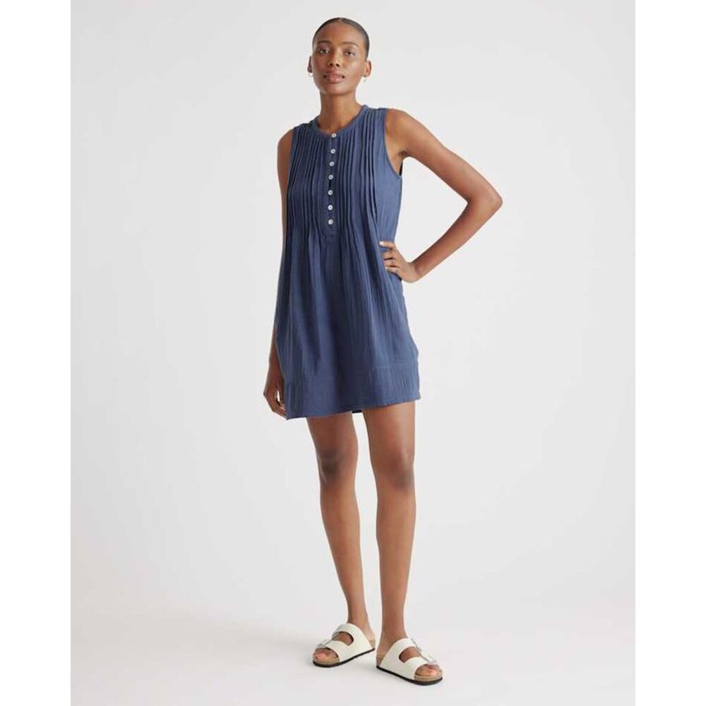 Quince Women's 100% Organic Cotton Gauze Sleeveless Swing Dress Indigo Blue L